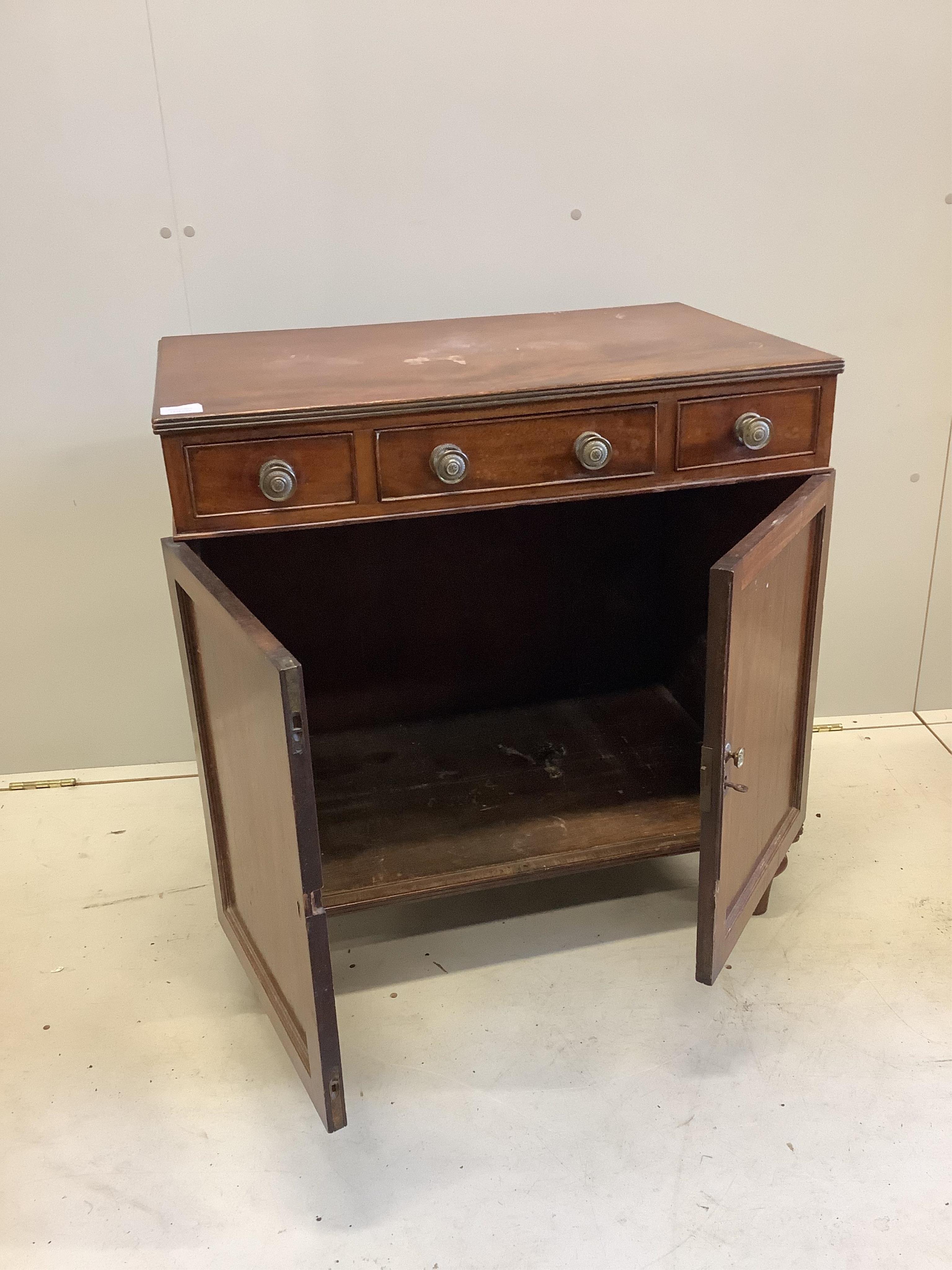 A small Regency mahogany side cabinet, width 74cm, depth 47cm, height 76cm. Condition - fair